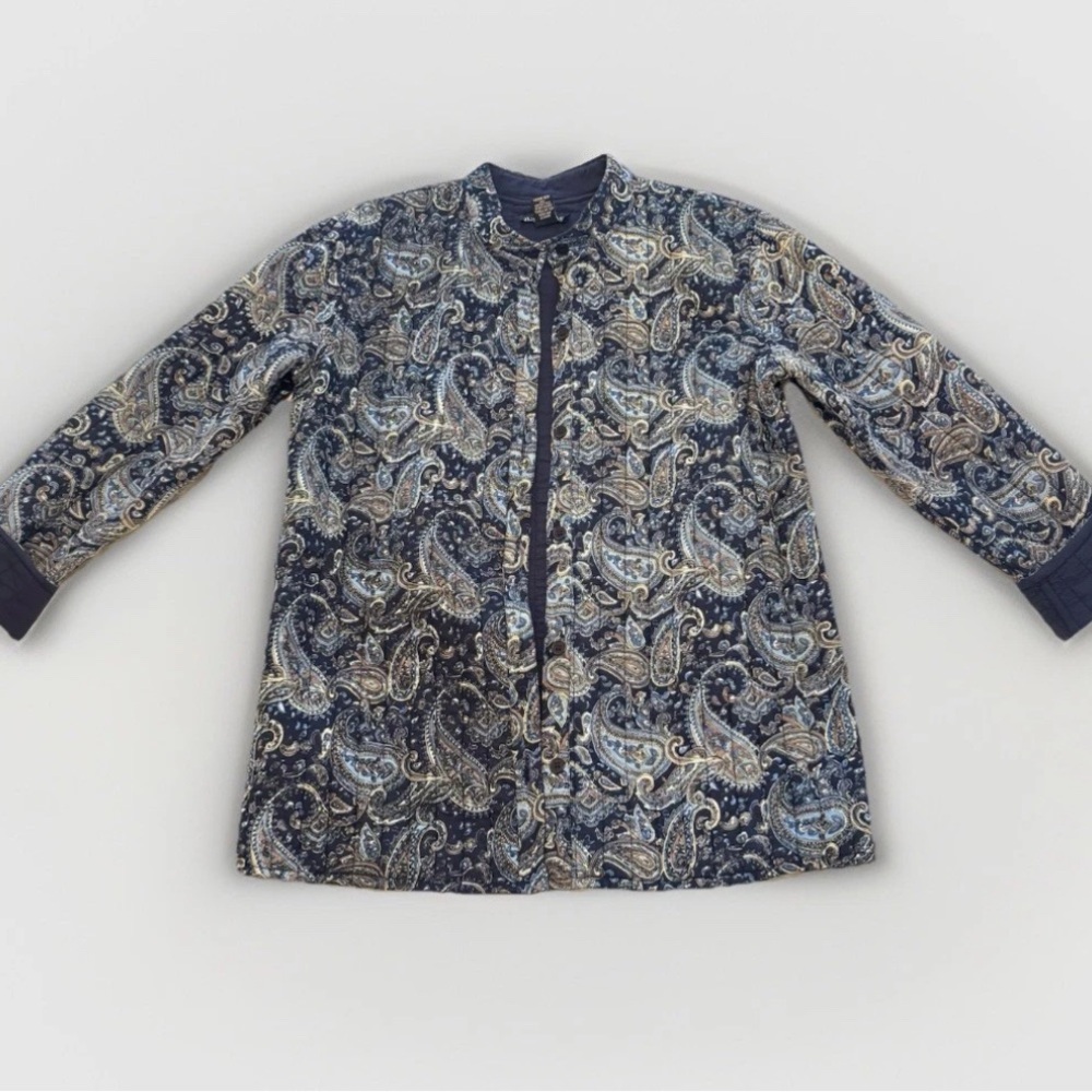 Vintage Navy Quilted Paisley Jacket Blazer Womens-Large-100% Cotton-Cottagecore‎